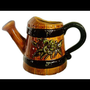 Vintage Hand Painted Brown Floral Ceramic Watering Can Planter